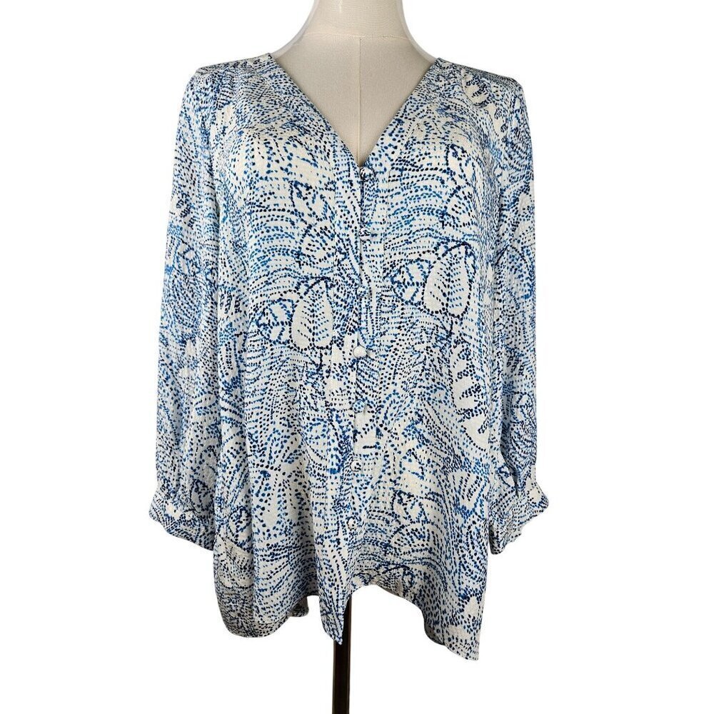 Parker Silk 3/4 Sleeve Beverly Blouse Medium Botanical Dots Floral Blue White